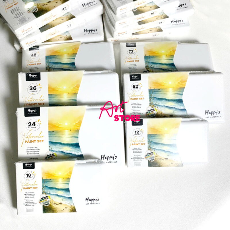 Bộ Màu Nước Dạng Nén Happy Watercolor Paint 12-18-24-36-48-62-72 Màu