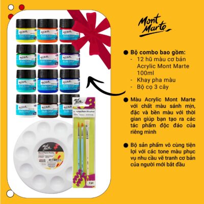 Combo 12 Màu Acrylic Mont Marte 100ml Tặng Kèm Cọ Vẽ Và Khay Pha Màu